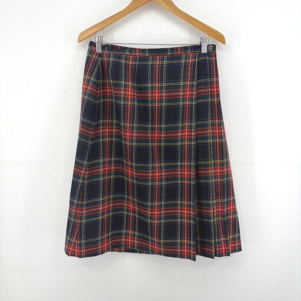 B. Altman Vintage 70s Wool Black Stewart Tartan Plaid Pleated Wrap Skirt Midi M